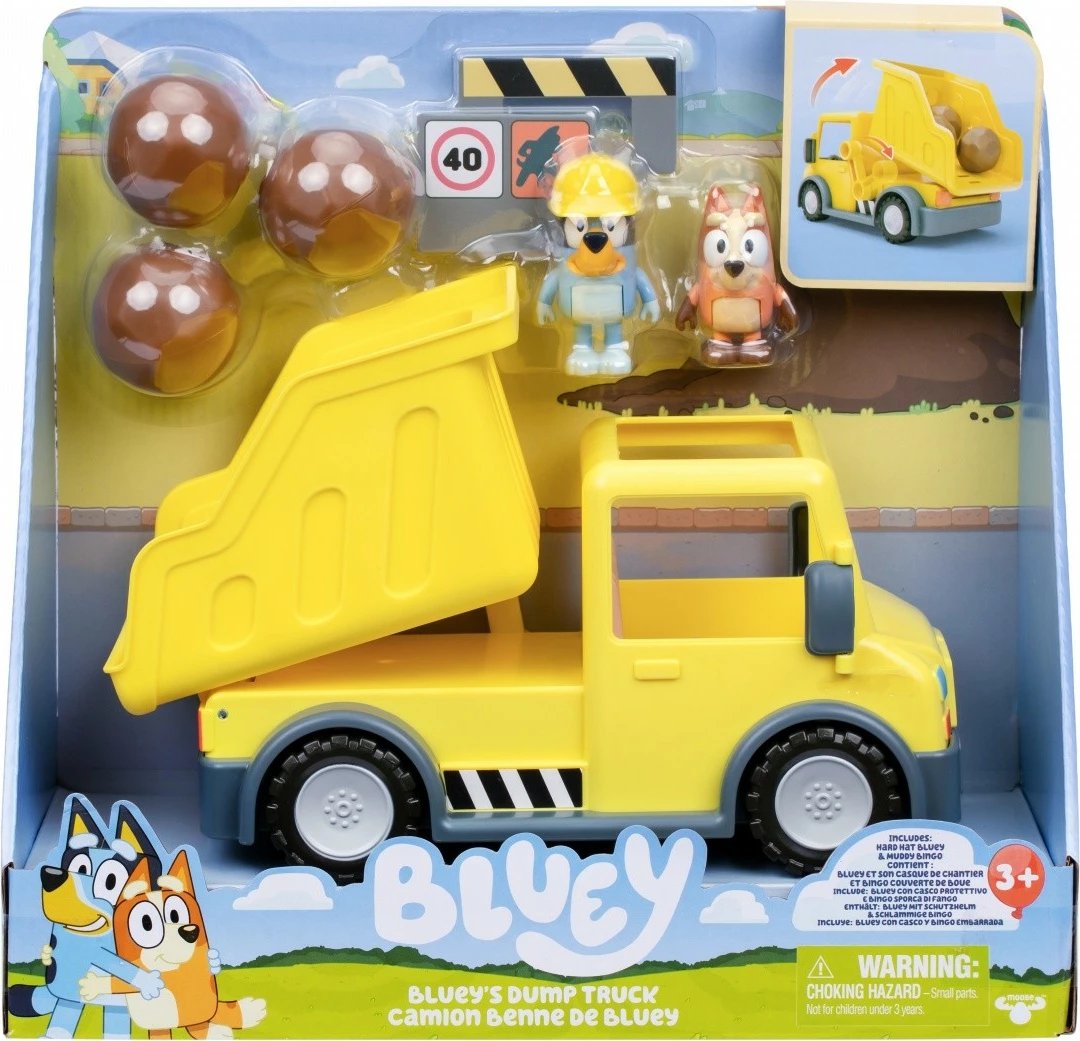 Set lodrash Bluey me kamion dump truck dhe 2 figurina, plastikë, verdhë