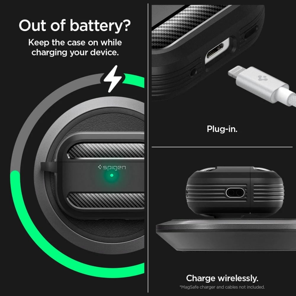 Mbështjellës Spigen Rugged Armor për AirPods Pro 1/2, me karabiner, i zi