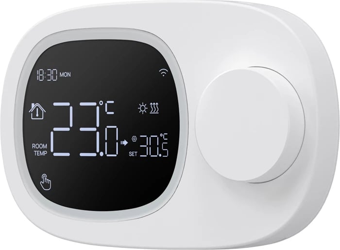 Termostat i mençur Wi‑Fi, Avatto WT598-1T1, ekran me ndriçim, programim javor 5+2/6+1/7, kontroll me aplikacion Tuya/Smart Life dhe zë, furnizim me rrymë ose 3x AAA