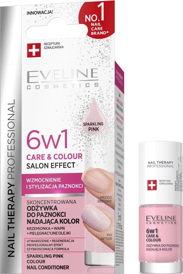 Llak për thonj për femra Eveline Cosmetics Nail Therapy Professional 6w1 Care & Colour Sparkling Pink 5ml