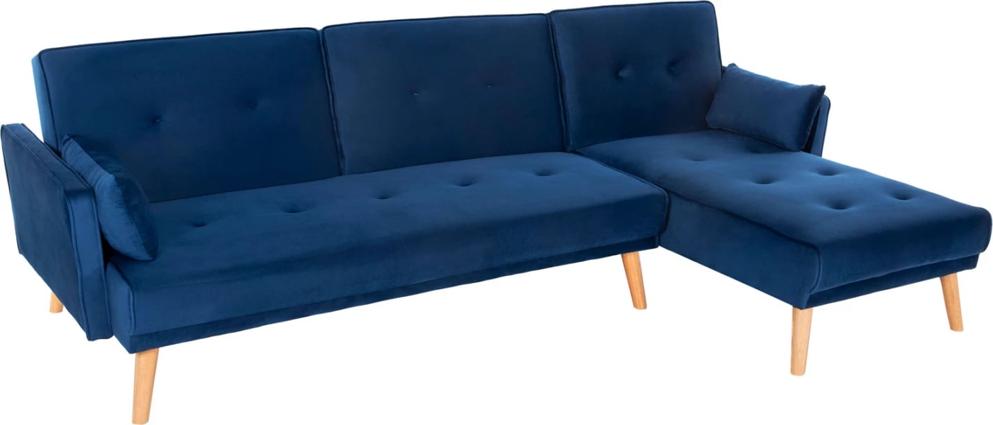 Divan qoshe me shtrat, i kthyeshëm, kadife blu, FH3127.18, 260x155x86H cm