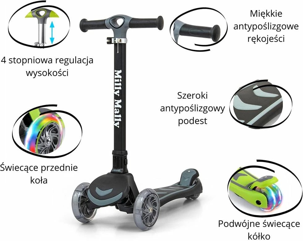 Trotinetë, Milly Mally Boogie, 3 rrota me drita, doreza të buta, timon i rregullueshëm 3 nivele, deri 50 kg, e zezë