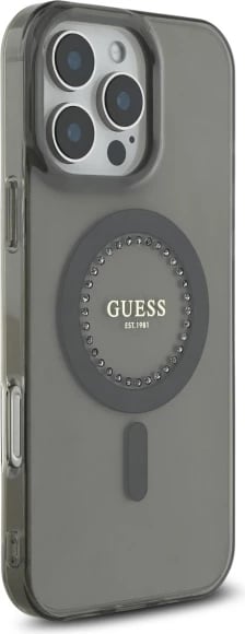 Mbështjellës Guess IML Rhinestones MagSafe për iPhone 16 Pro, Zi
