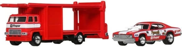 Set kamion transporti me veturë, Hot Wheels, Plymouth Duster Team Transport FLF56/JBM38, 1:64 metal/plastikë, i kuq/bardhë, set