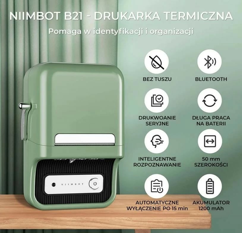 Printer etiketa Niimbot B21S, termik, portativ, USB-C/Bluetooth, i gjelbër, me letër etiketa