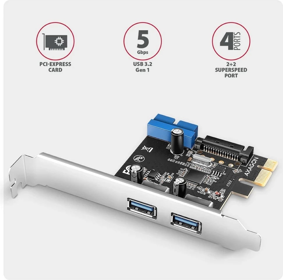 Kontroller PCIe Axagon PCEU-232RS, 2x USB ekst. + 2x USB int., 5Gbps