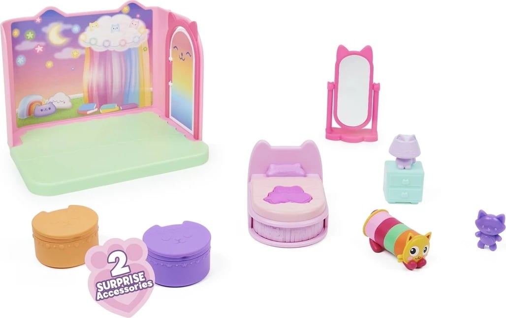 Set lodrash Gabby's Dollhouse Sweet Dreams Bedroom me figurë Pillow Cat dhe aksesorë, SPIN MASTER, shumëngjyrësh