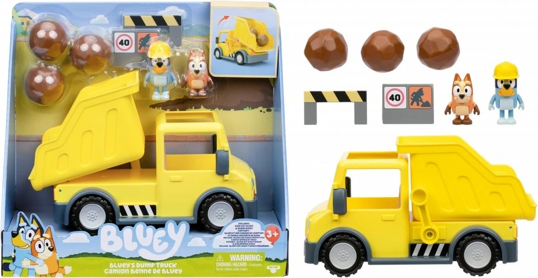 Set lodrash Bluey me kamion dump truck dhe 2 figurina, plastikë, verdhë