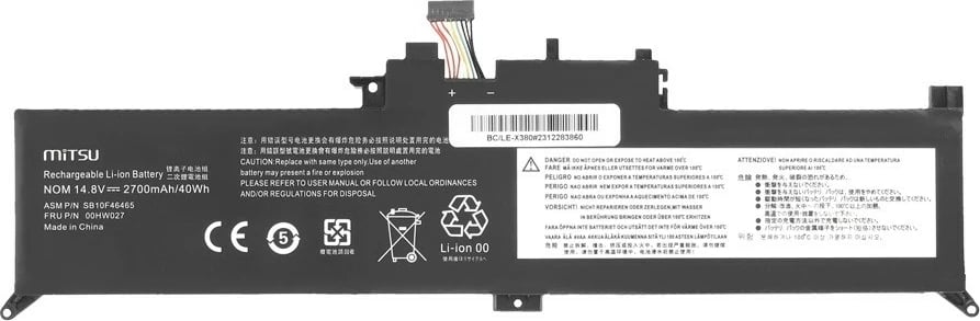 Bateri laptop Mitsu BC/LE-X380 për Lenovo ThinkPad Yoga 260 370 X380, 2700 mAh, 14.8V, e zezë