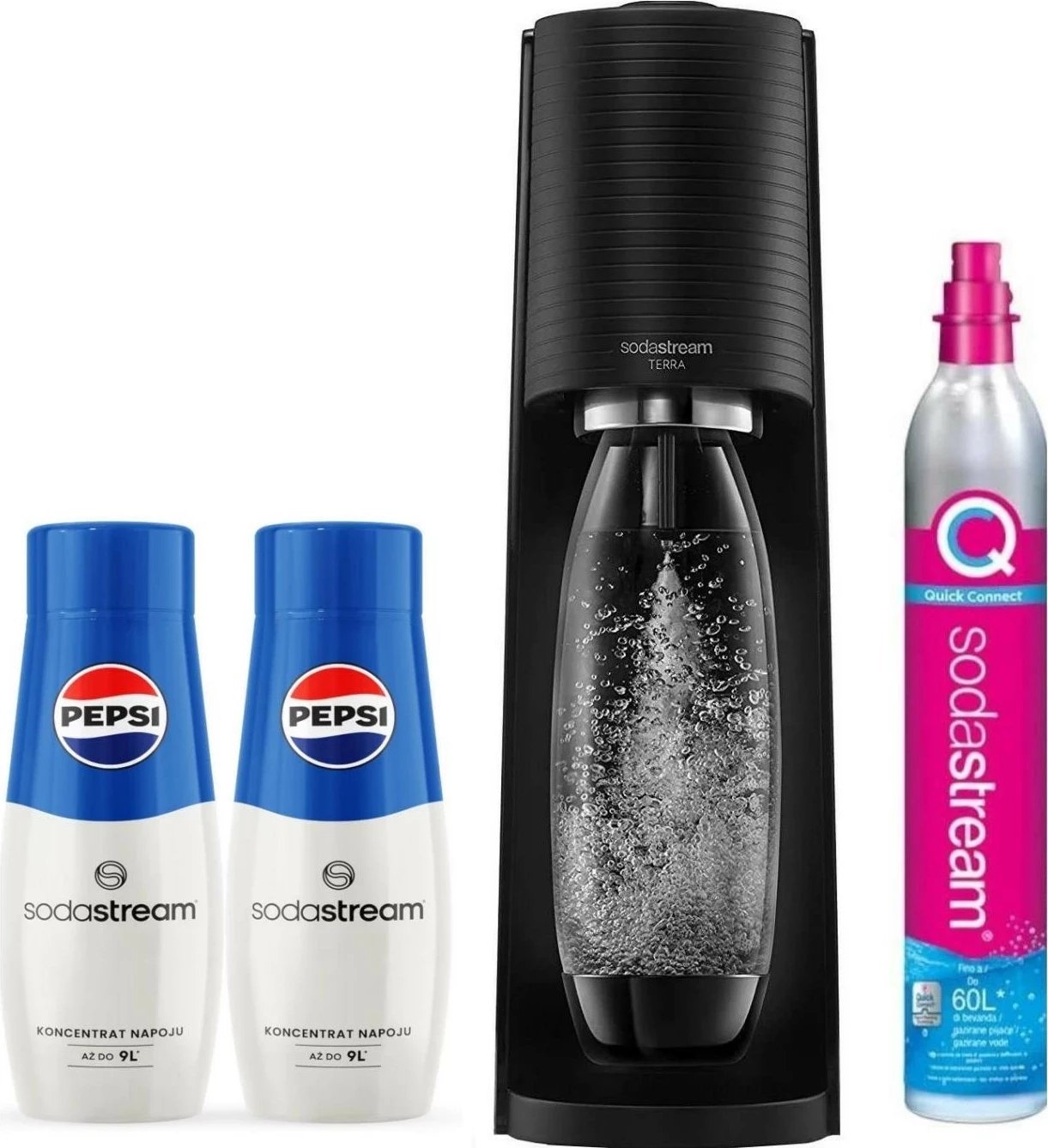 Saturator Sodastream Terra, 1L, CO2 bombolë, 2x shurup Pepsi 400ml, e zezë