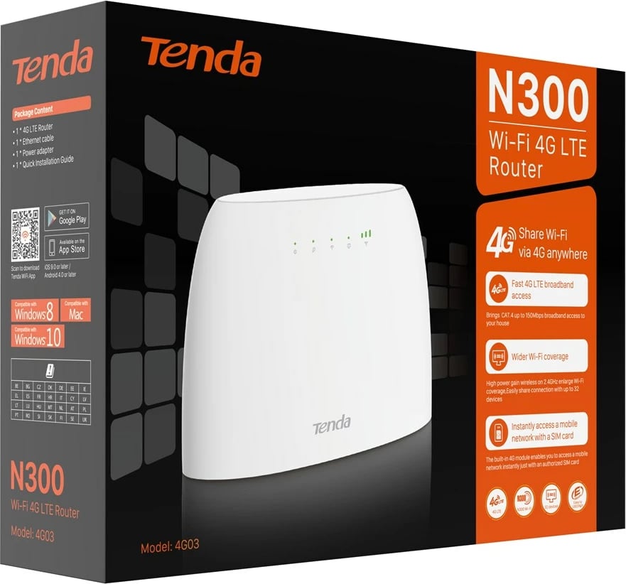 Router Tenda 4G03, wireless N300, 4G LTE, 4 porta LAN, Bardhë