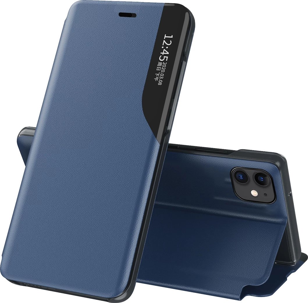Mbështjellës Hurtel Eco Leather View Case për iPhone 13 mini, me kapak dhe qëndrim, Kaltër