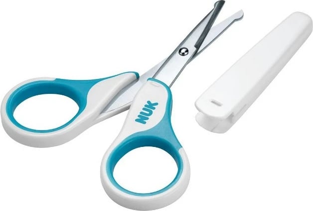 Gërshërë bebeje për thonj, NUK, majë e rrumbullakët, inoks, me kapak mbrojtës, blu