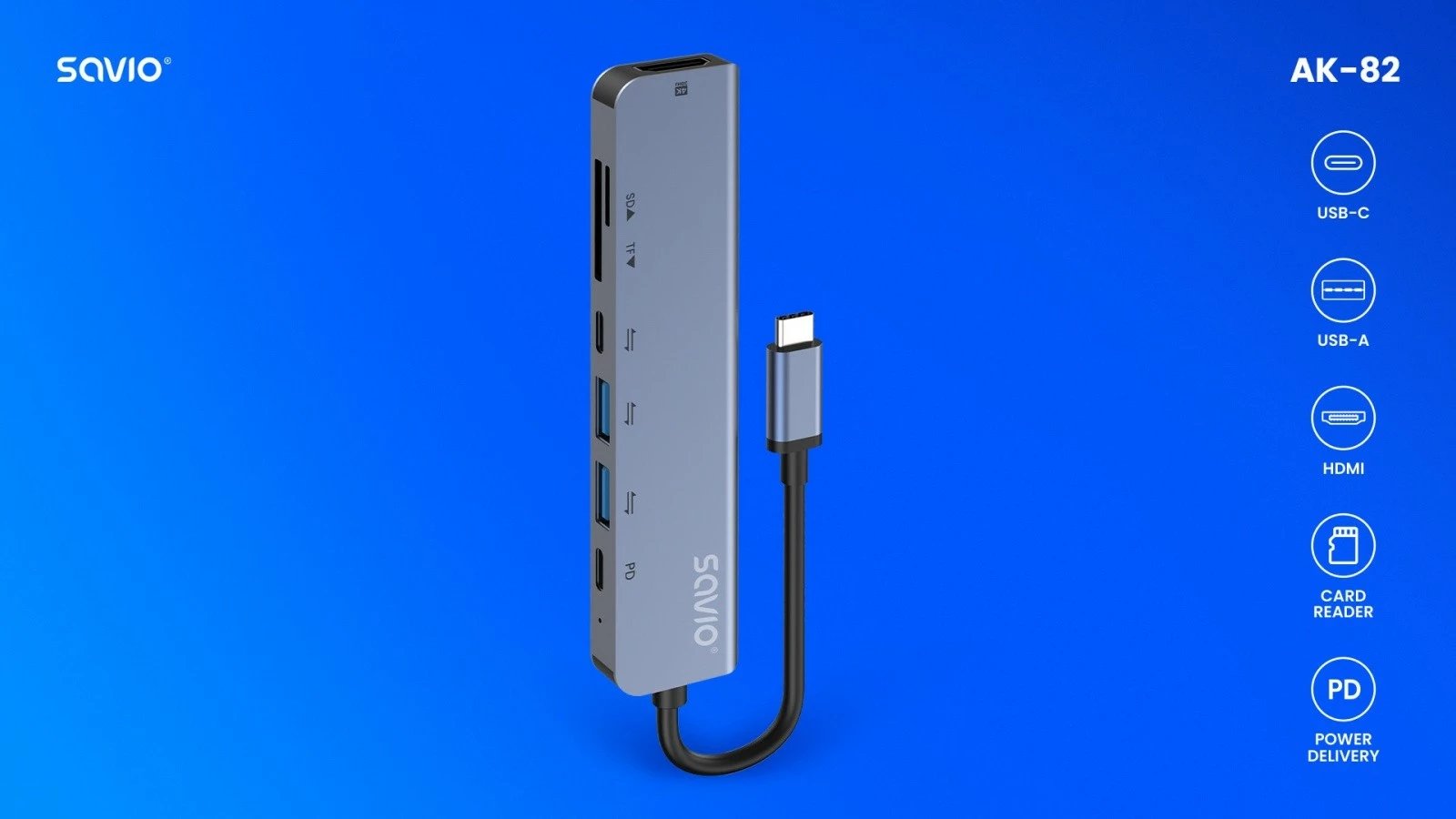 HUB USB-C 7-në-1 Savio AK-82, argjendtë