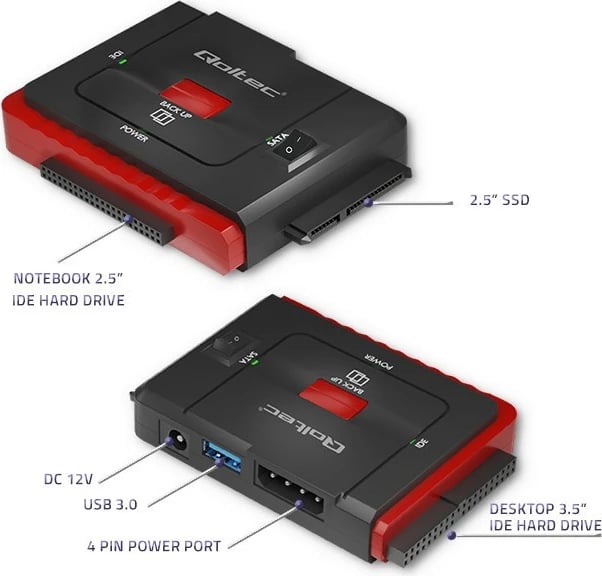 Adapter USB 3.0 në IDE/SATA III Qoltec 50645, i zi/kuq