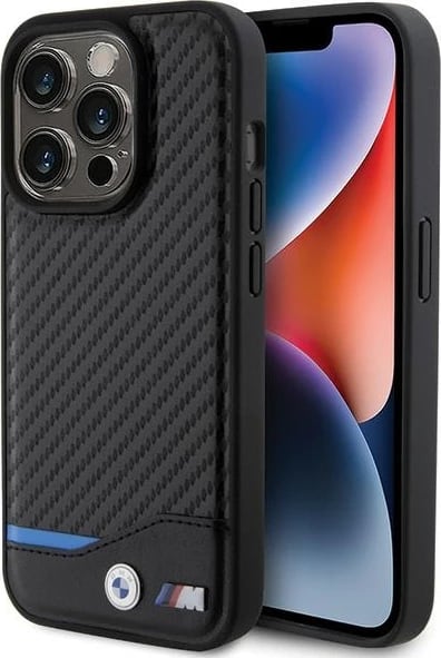 Mbështjellës BMW Leather Carbon për iPhone 15 Pro, i zi