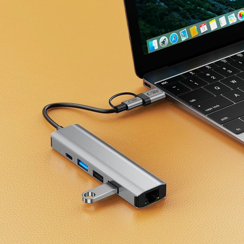 Adapter HUB Tech-Protect HB03 5in1, USB-C/USB-A, RJ45, Gri