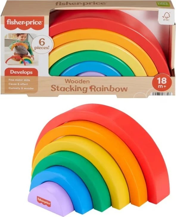 Lodër druri Fisher Price HXT73, puzzle edukativ me 6 pjesë, shumëngjyrëshe