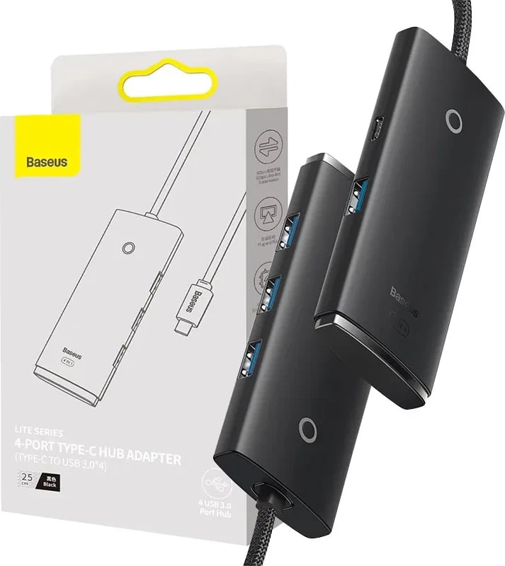 Kasë Baseus Lite Series HUB 4-në-1, USB-C në 4x USB 3.0 + USB-C, 25cm, e zezë