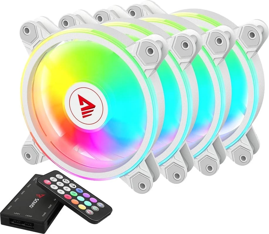 Ventilatorë ARGB SAVIO FAN-01, 4 copë me kontrollues dhe telekomandë, Bardhë