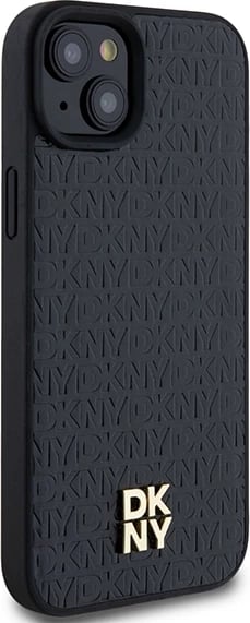 Mbështjellës DKNY Leather Monogram Pattern Metal Logo MagSafe për iPhone 15 Plus / 14 Plus, i zi