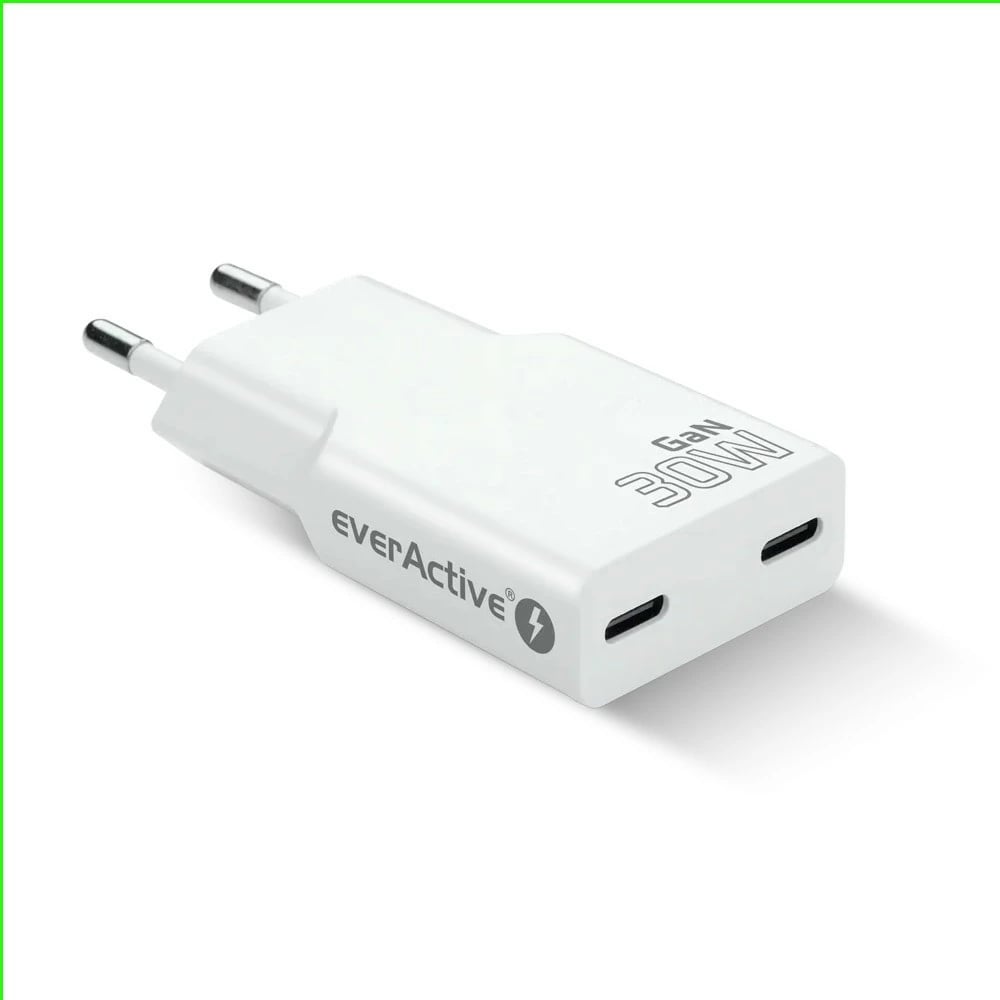 Adapter karikues muri, everActive, SC-385Q, GaN PD 30W, 2x USB-C, super slim, bardhë