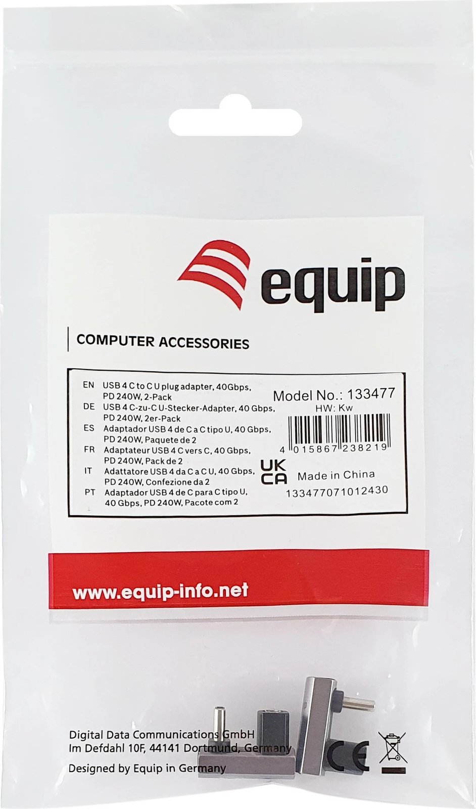 Adapter USB4 C-C Equip 133477, 40Gbps, PD 240W, 2 copë, zi, hiri