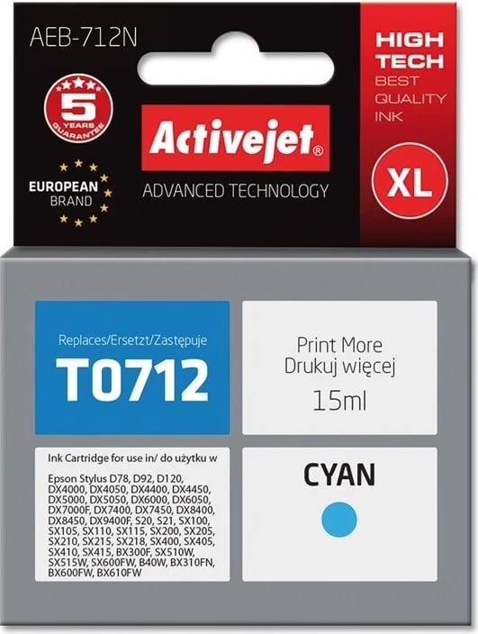 Ngjyrë zëvendësuese Activejet AEB-712N për printer Epson, 15 ml, e kaltër