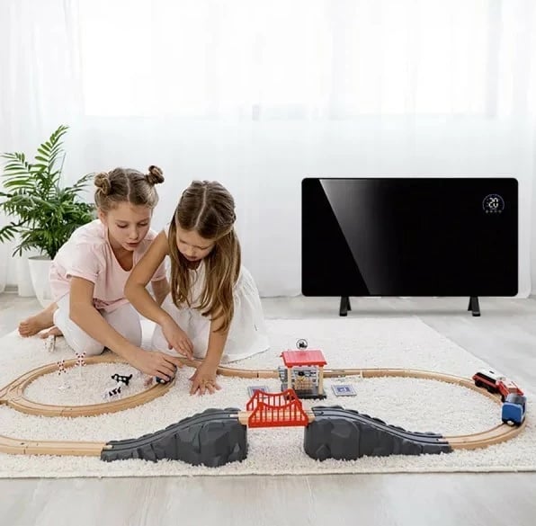 ngrohës panelor me infra të kuqe prej xhami, MPM MUG-23, 600W, Wi‑Fi Tuya, telekomandë, ekran LED, montim në mur ose me këmbë, e zezë