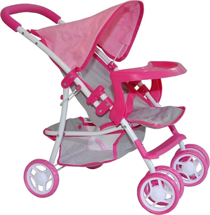 karrocë kukullash, Milly Mally, Kate Prestige, për kukulla deri 50 cm, palosëse me kupolë dhe tabaka ushqimi, rrota të përparme rrotulluese, rozë