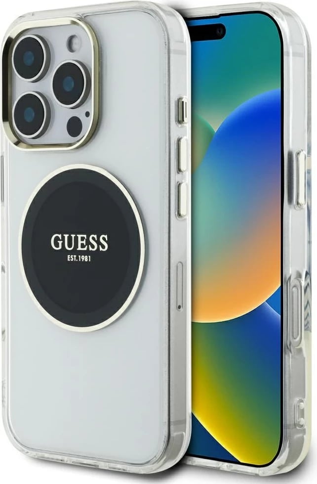 Mbështjellës Guess IML Metal Colored Circle Classic Logo MagSafe për iPhone 16 Pro, zi