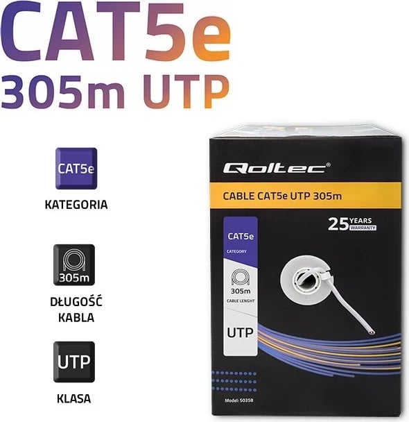 Kabllo rrjeti Qoltec 50358 UTP, CAT5E, 305m, gri