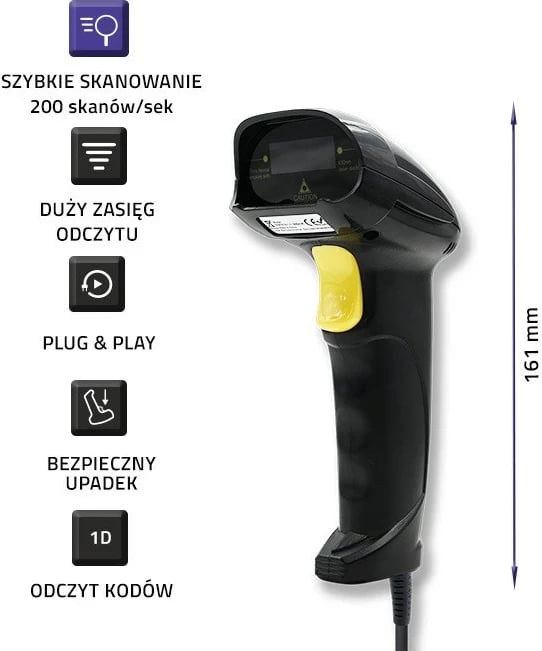 Skaner lazer Qoltec 50876, 1D, USB, Zi