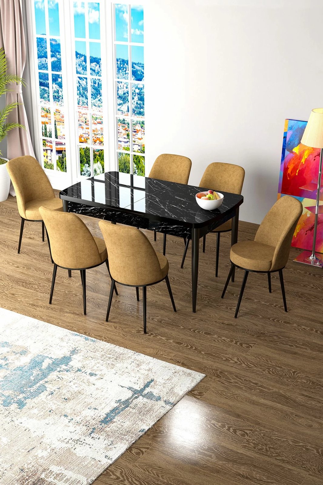 Tavolinë me karrige, zgjatshme, 7 copë, Skye Decor, ngjyrë mermeri të zi dhe kapuçino