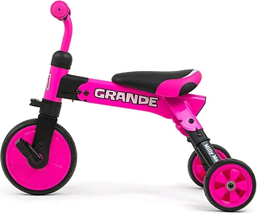 Tricikel fëminor 2-në-1, Milly Mally Grande, i palosshëm, rrota shkumë, nga 12m, kapacitet 25 kg, rozë