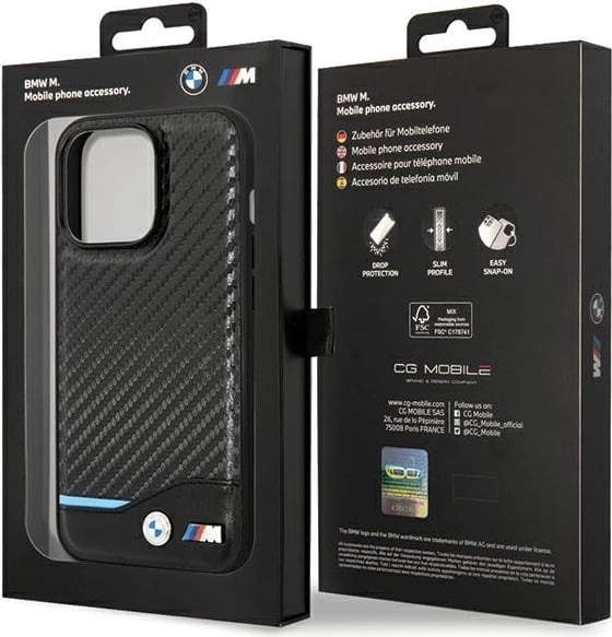 Mbështjellës BMW Leather Carbon për iPhone 13 Pro / 13 6.1", i zi, hardcase