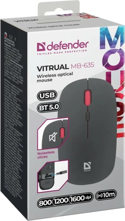 Maus Defender VITRUAL MB-635, wireless, Bluetooth/USB, 1600 DPI, i zi