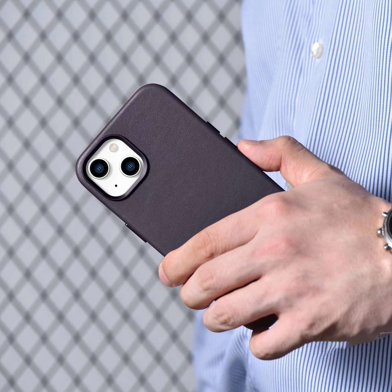 Mbështjellës iCarer për iPhone 14 Plus, lëkurë natyrale, MagSafe, Vjollcë e errët