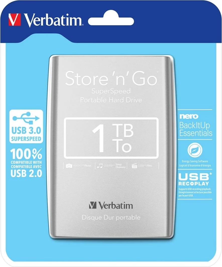 Hard disk i jashtëm Verbatim Store 'n' Go, 1000 GB, Argjendtë