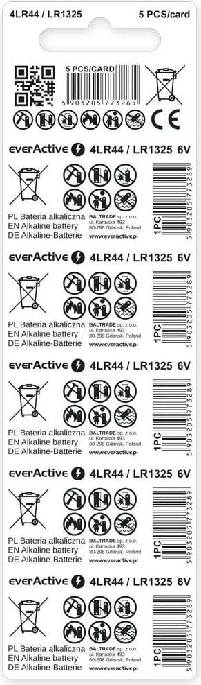 Bateri alkaline everActive 4LR44/LR1325/544A, 6V, pako 5 copë
