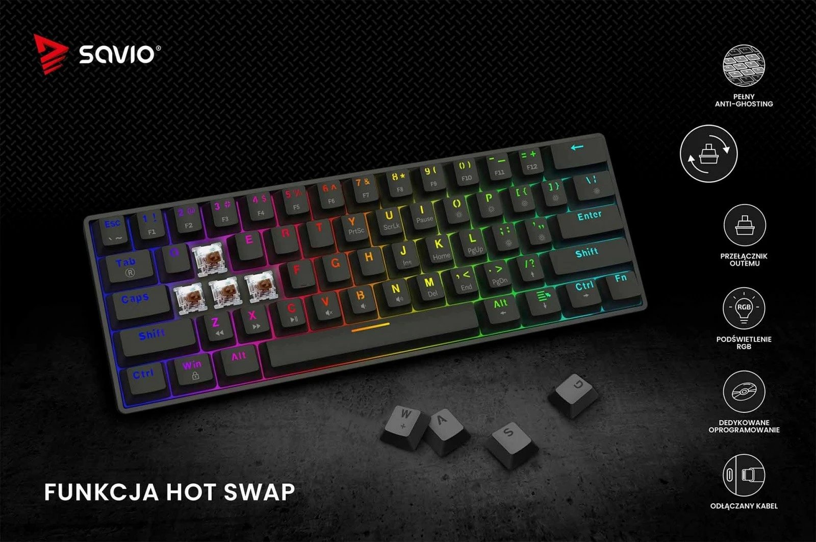 Tastierë mekanike Savio Blackout X2 OUTEMU Brown, 60%, ARGB, Hot Swap, e zezë