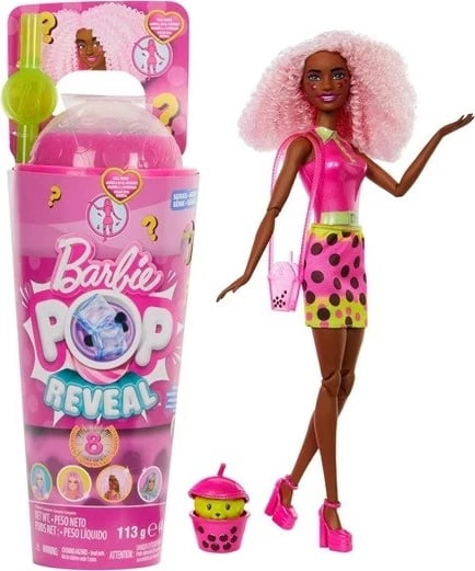 Lodër Barbie Pop Reveal, me fustan me pika, me flokë rozë