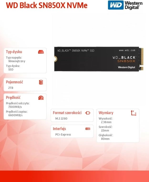 SSD NVMe Kasë Western Digital WD Black SN850X, 2TB, M.2 2280