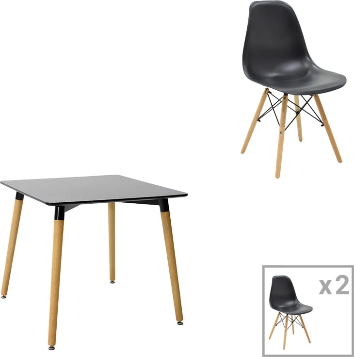 Tavolinë me karrige Natali-Julita, set 3 copë, MDF i zi, këmbë natyrale, 80x80x76cm
