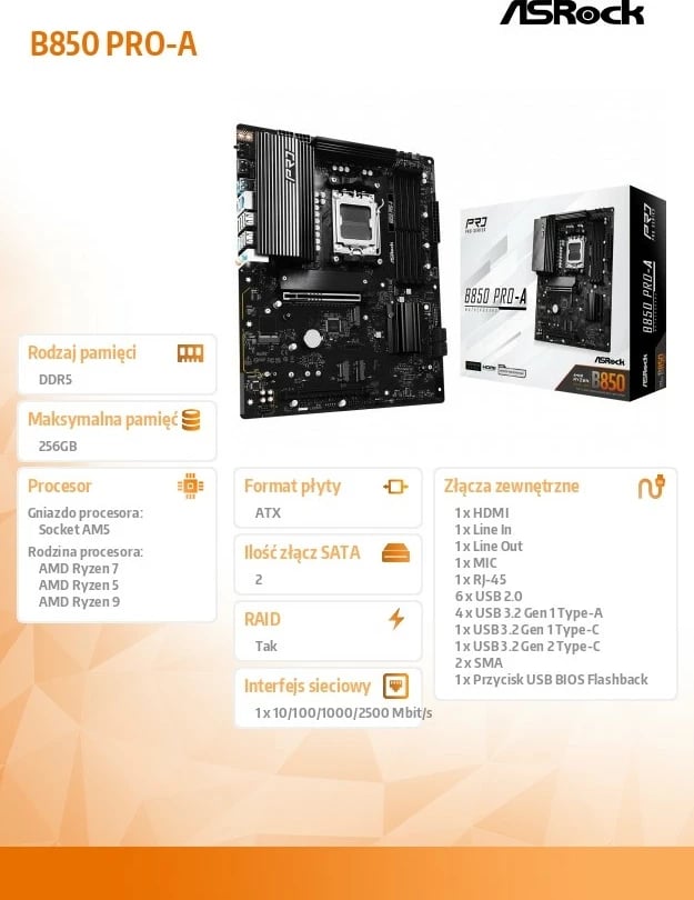 Pllakë amë ASRock B850 PRO-A, Socket AM5, DDR5, ATX