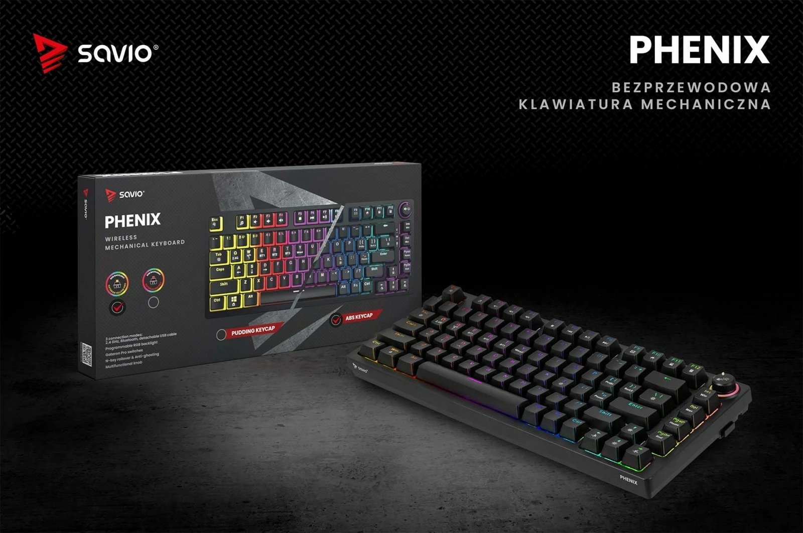 Tastierë mekanike wireless Savio Phenix, Gateron Red Pro, 82 taste, RGB, e zezë