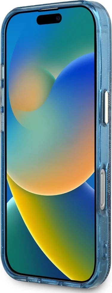 Mbështjellës Guess IML Metal Glitter 4G Circle Triangle MagSafe për iPhone 16 Pro, Blu