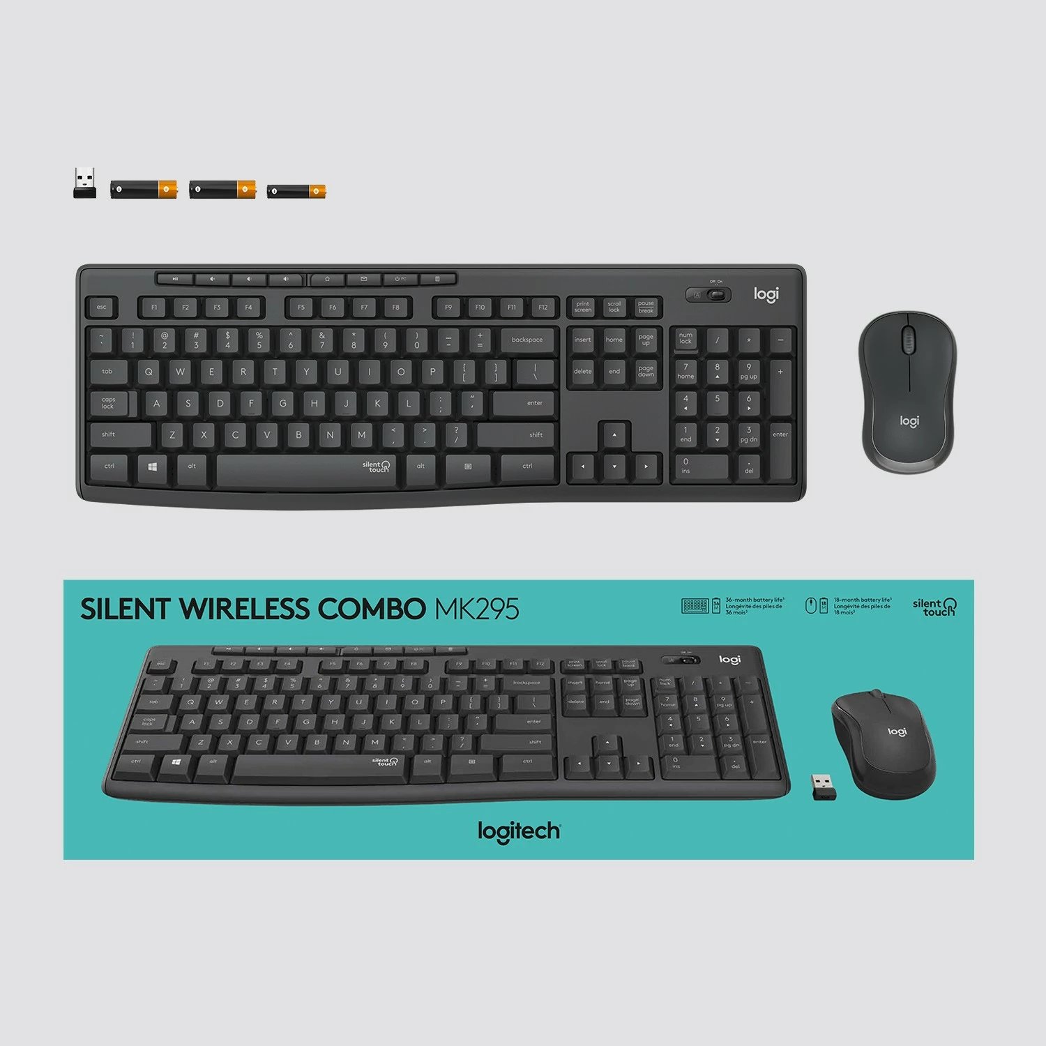 Kombo Logitech MK295 Silent Wireless, Full-size (100%), Wired, USB, QWERTY, Grafit, Maus i përfshirë