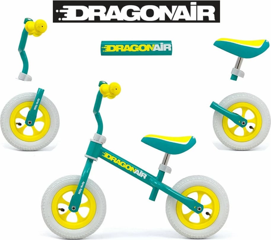 Bicikletë balancuese Milly Mally Dragon Air 10\", konstruksion çeliku i lehtë, timon/ulëse të rregullueshme, goma të fryjshme, zile, jeshile (mint)