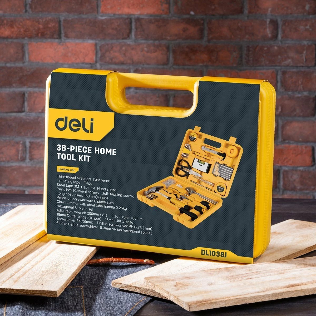 Set veglash Deli Tools EDL1038J, 38 copë, me kasë, e verdhë